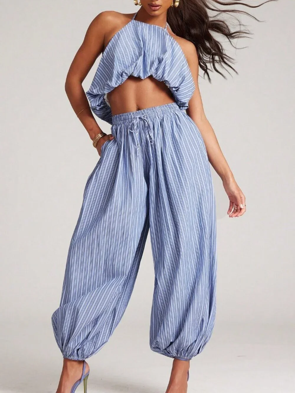 Blue Sexy Women's Matching Set Top and Pant with Halter Hem Striped Joggers